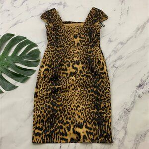 Tadashi Shoji Leopard Cocktail Dress Sz 8 Petite Brown Black Satin Pinup Wiggle